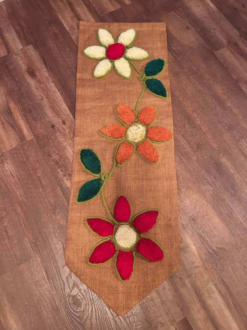 Vintage 1970's Flower Wall Hanging made from carpet pieces, yarn and burlap